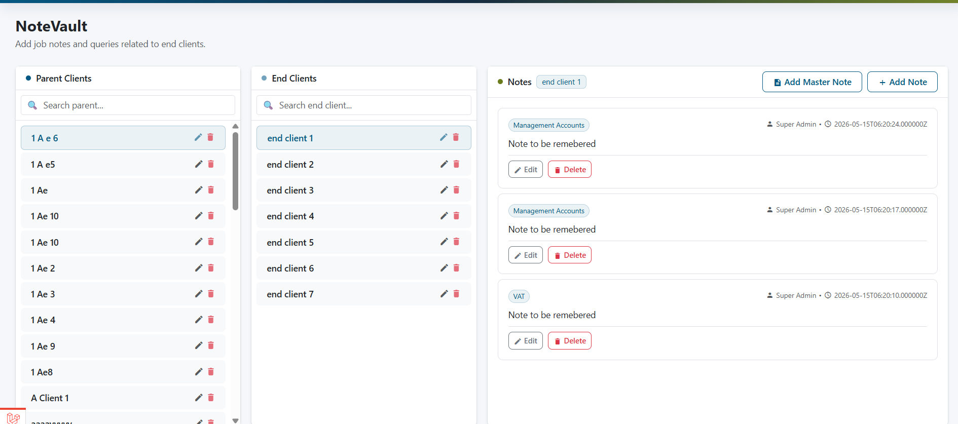 NoteVault hierarchical client notes dashboard